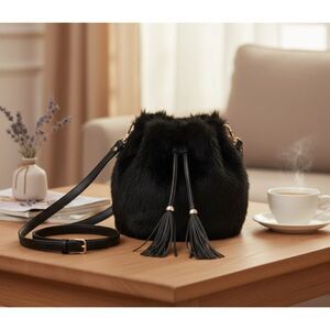 Fiona Lang London Crossbody NWT Black Faux Fur Shoulder Bag Purse Draw String